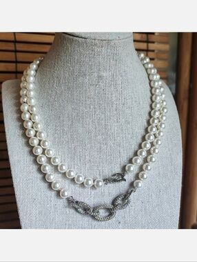 Vintage Glass Faux Pearl Dual Strand Necklace Rhinestone Encrusted Link Clasp